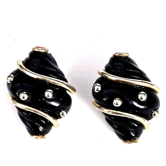 Kenneth Jay Lane Vintage Black Painted Enamel Sea Shell Clip-on Earrings - Picture 1 of 4